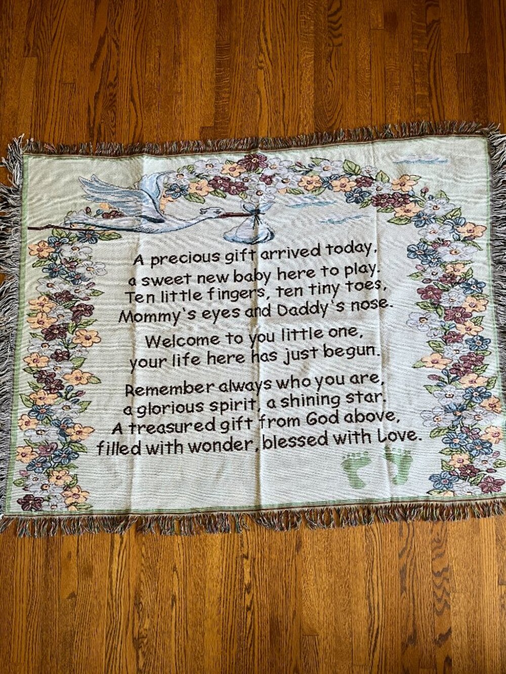 Welcome New Baby Tapestry Throw Blanket 52x40 Stork Poem Wall Hanging Cottage